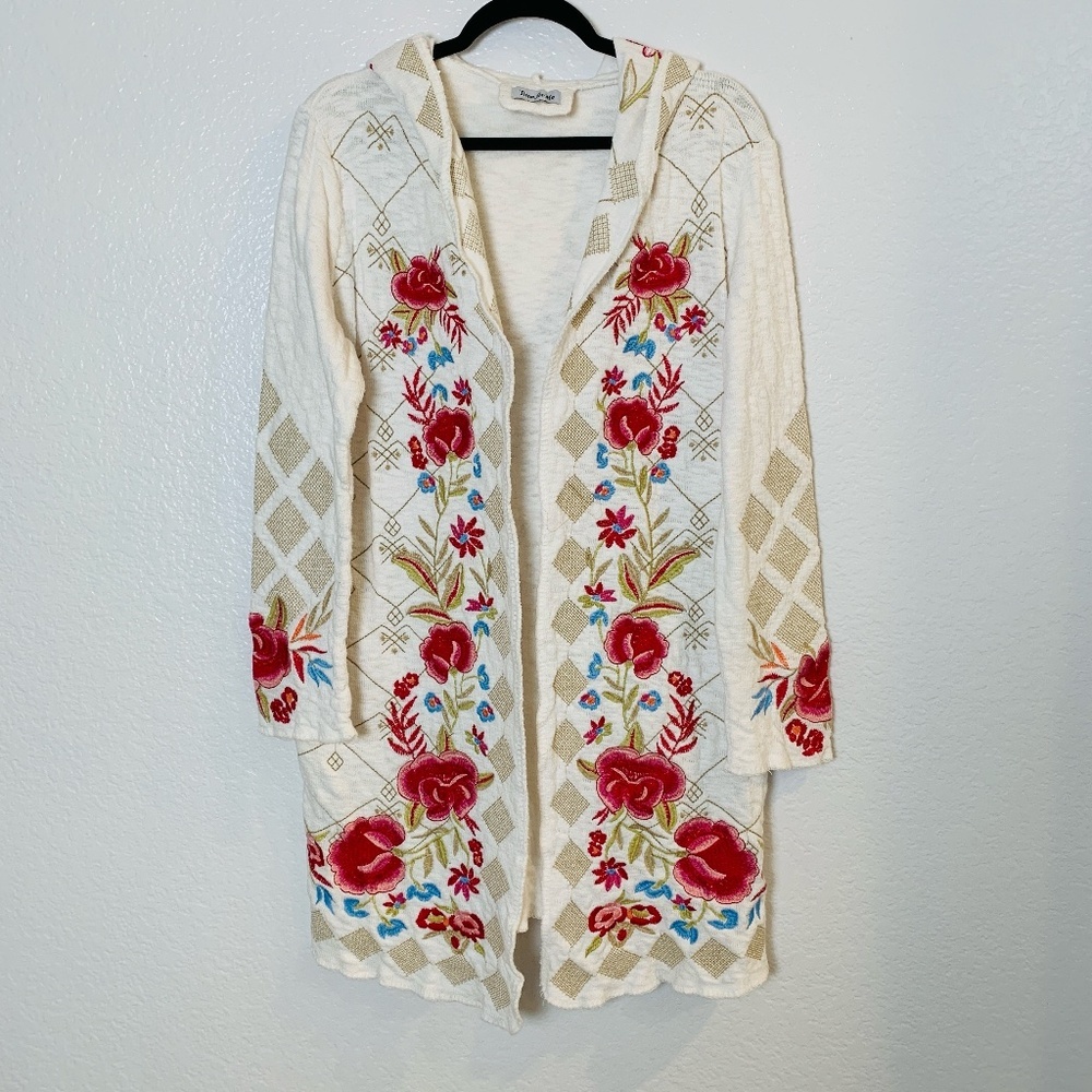 Time for Me‎ Embroidered Floral Hooded Cardigan Sweater Jacket Large? White Boho